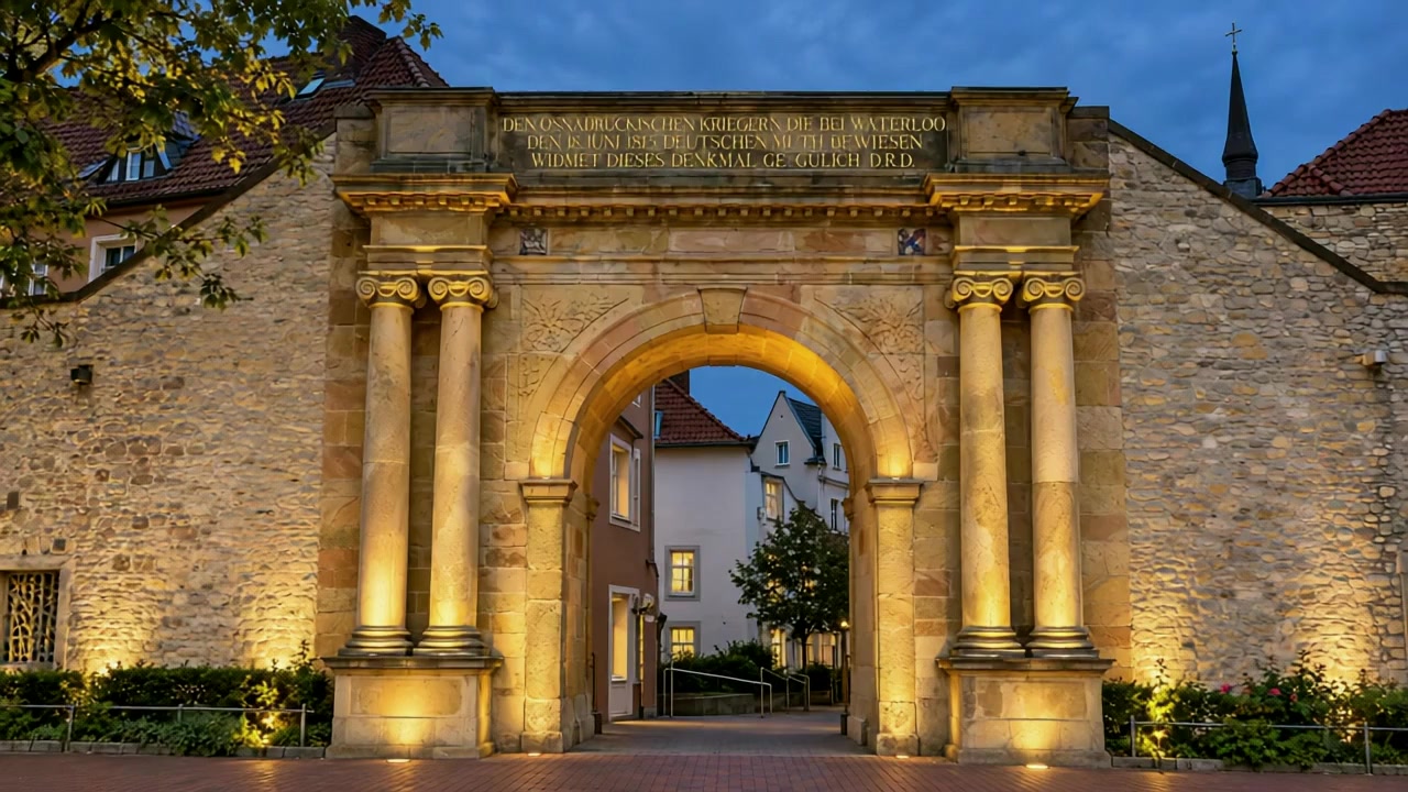 Das beleuchtete Heger Tor in Osnabrück am Abend